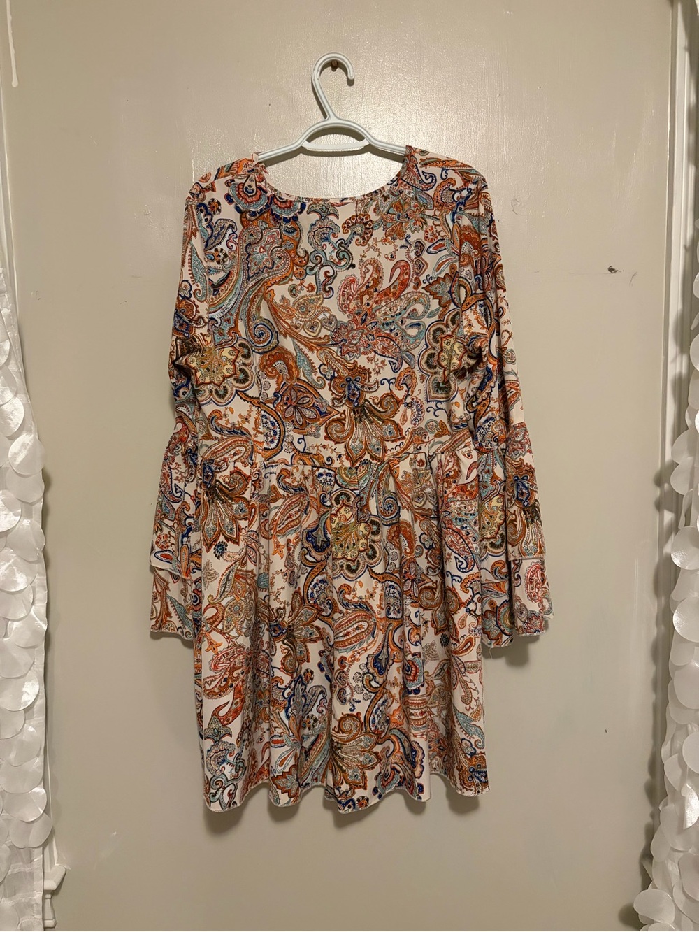Paisley Print Long Sleeve Women's Dress in Cream and Orange